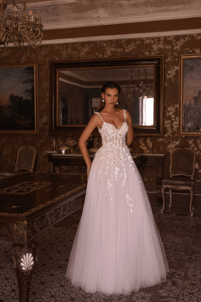 Floral Tulle Wedding Dress with Sleeveless and V-Neck - Corset Wedding Dress with Spaghetti Straps Plus Size - WonderlandByLilian