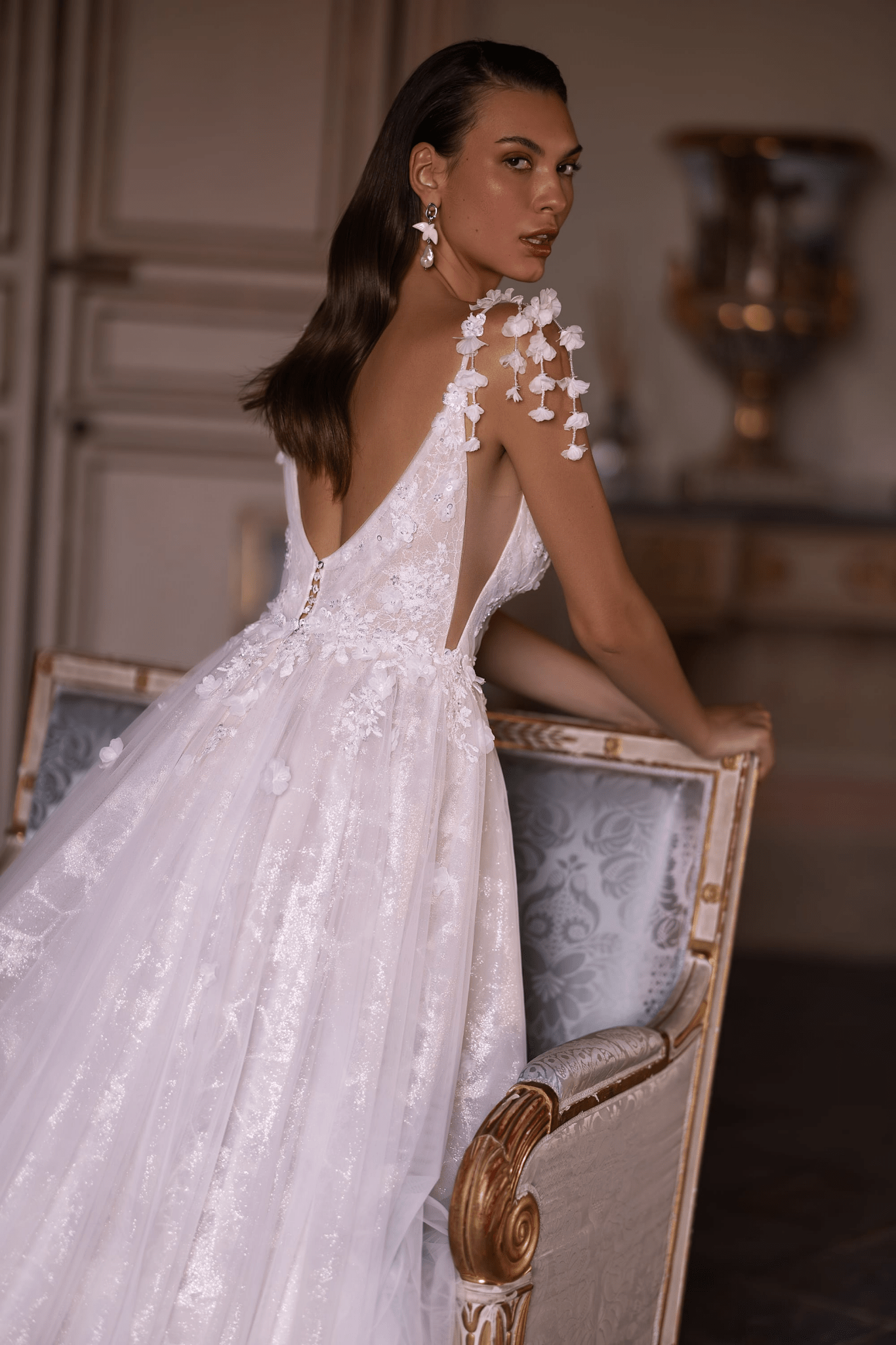 Floral Wedding Dress and Embellished Wedding Dress with Deep V-Neck - Elegant Wedding Gown with Embellished Straps Plus Size - WonderlandByLilian
