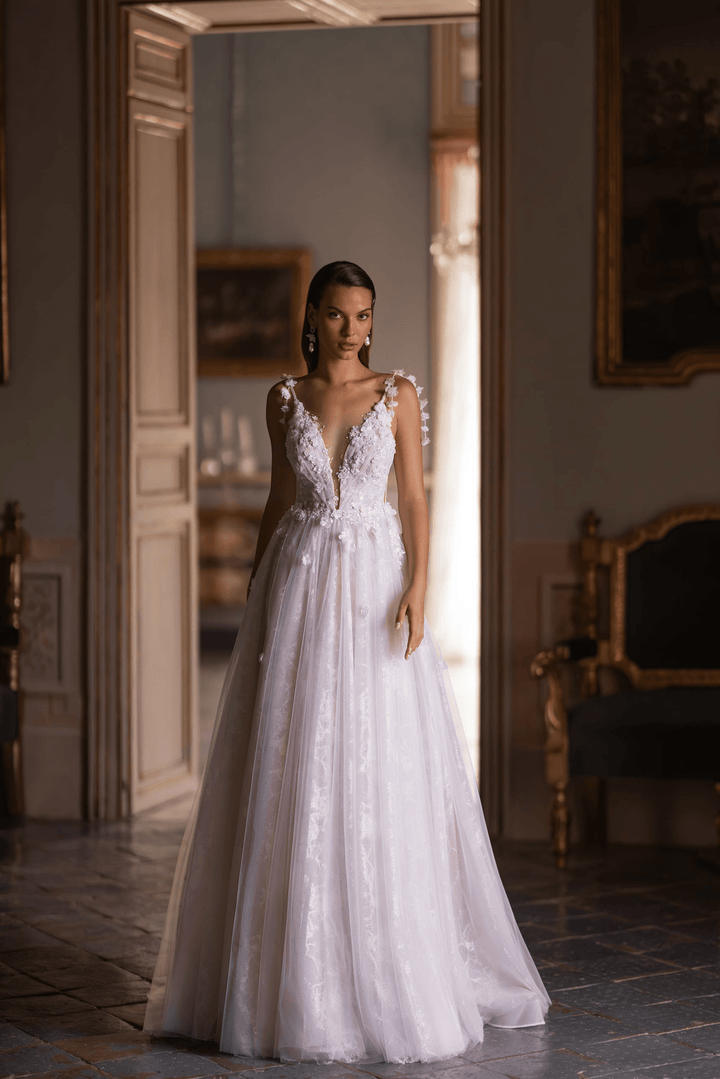 Floral Wedding Dress and Embellished Wedding Dress with Deep V-Neck - Elegant Wedding Gown with Embellished Straps Plus Size - WonderlandByLilian