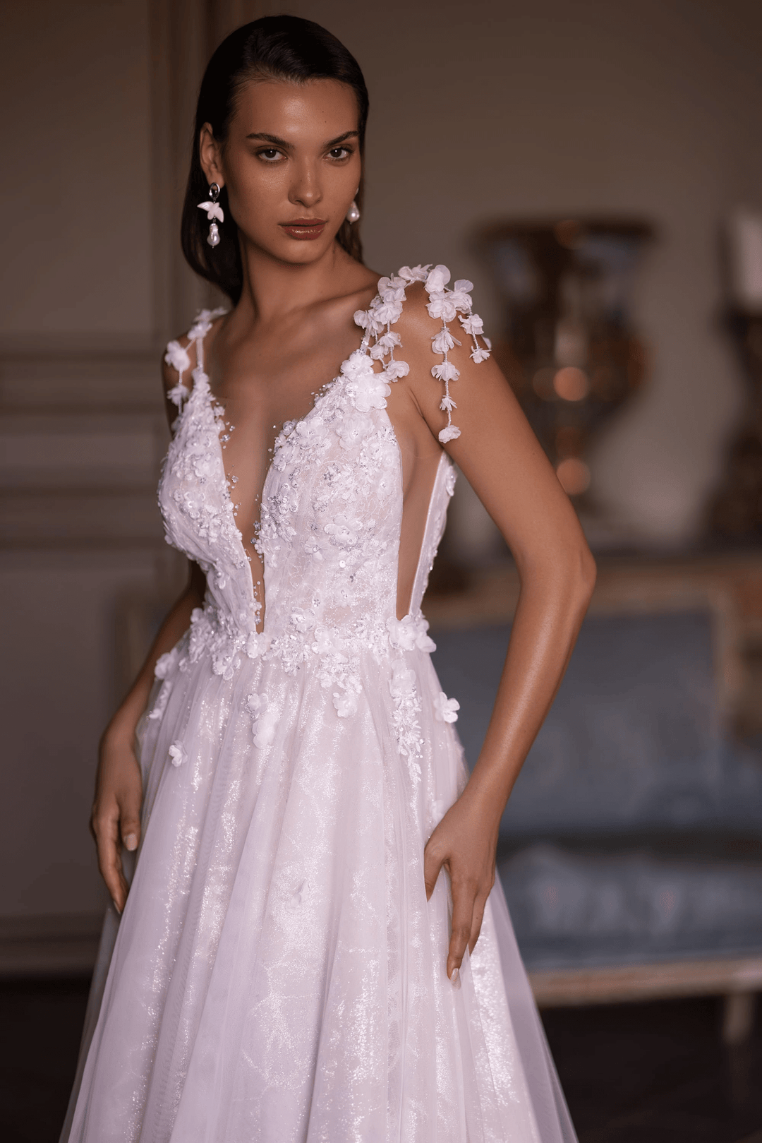 Floral Wedding Dress and Embellished Wedding Dress with Deep V-Neck - Elegant Wedding Gown with Embellished Straps Plus Size - WonderlandByLilian