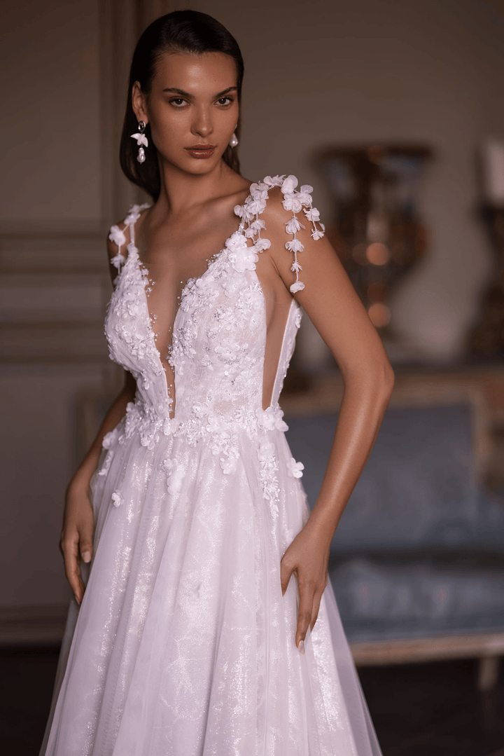 Floral Wedding Dress and Embellished Wedding Dress with Deep V-Neck - Elegant Wedding Gown with Embellished Straps Plus Size - WonderlandByLilian