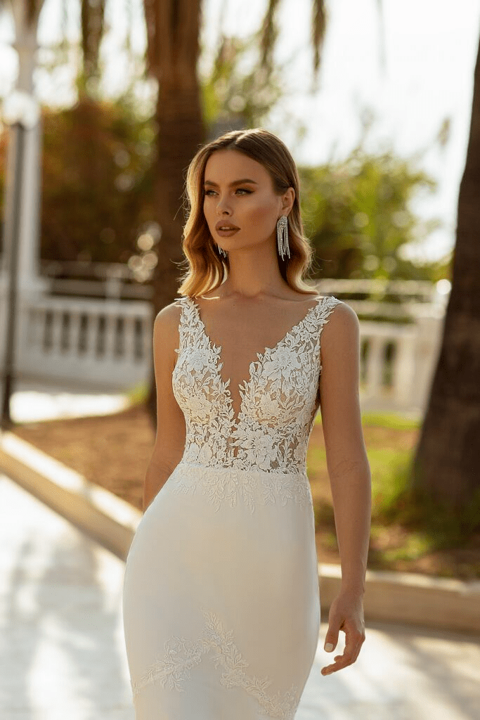 Floral Wedding Dress - Sleeveless Wedding Dress - Fitted Lace Wedding Dress - V - Neck Wedding Dress with Train Plus Size - WonderlandByLilian