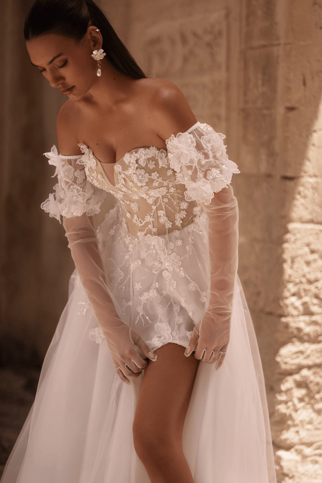 Floral Wedding Dress with High Slit and Off-Shoulder Wedding Dress with LacePlus Size - WonderlandByLilian