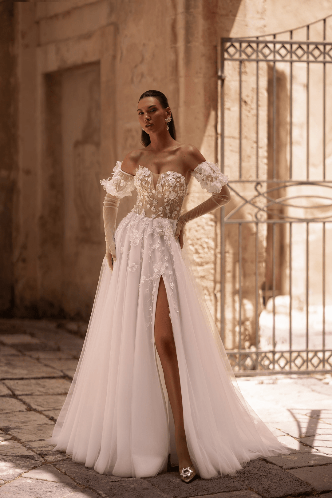 Floral Wedding Dress with High Slit and Off-Shoulder Wedding Dress with LacePlus Size - WonderlandByLilian