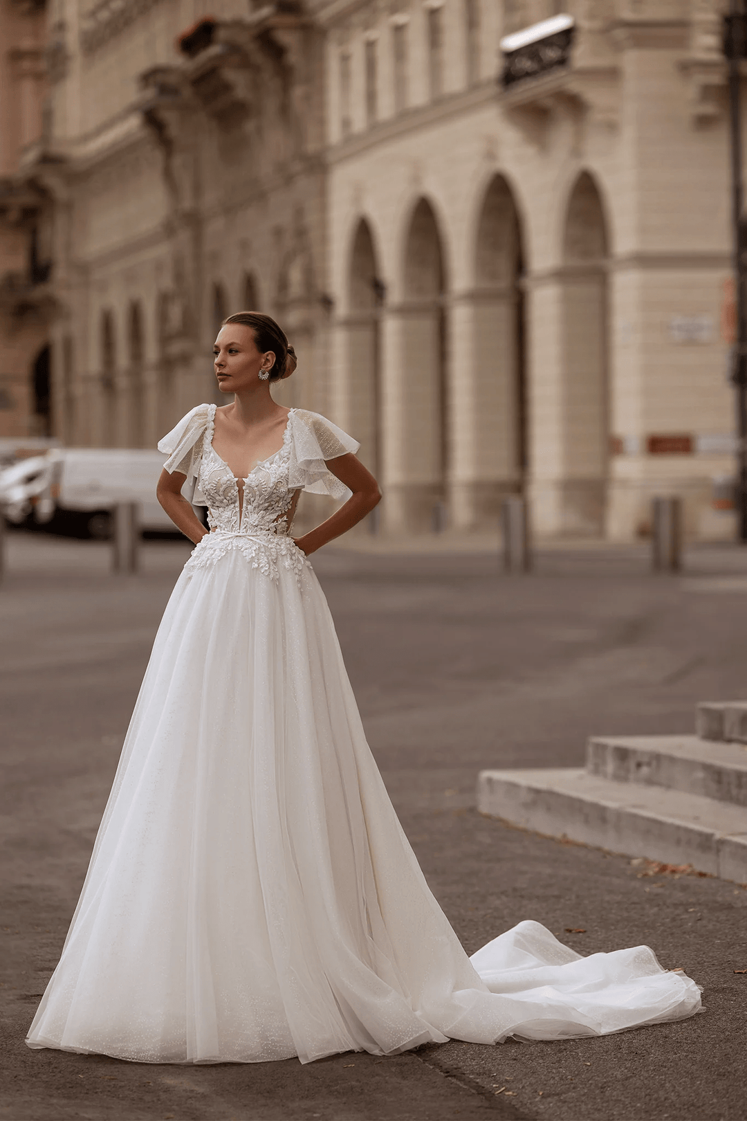 Floral Wedding Dress with Leaf Straps – Chiffon Bridal Gown with Pearl Details and Jewel Embellishments Plus Size - WonderlandByLilian