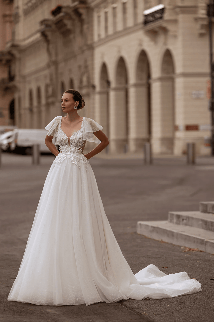 Floral Wedding Dress with Leaf Straps – Chiffon Bridal Gown with Pearl Details and Jewel Embellishments Plus Size - WonderlandByLilian