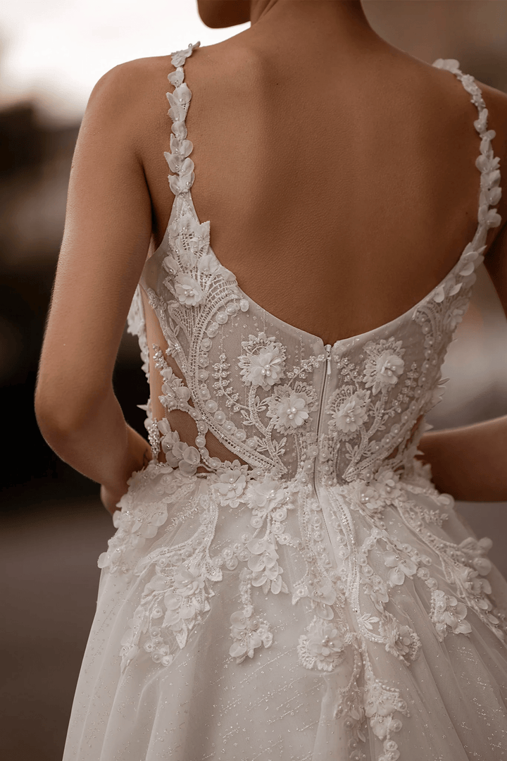 Floral Wedding Dress with Leaf Straps – Chiffon Bridal Gown with Pearl Details and Jewel Embellishments Plus Size - WonderlandByLilian