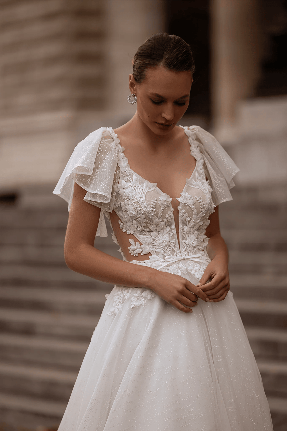 Floral Wedding Dress with Leaf Straps – Chiffon Bridal Gown with Pearl Details and Jewel Embellishments Plus Size - WonderlandByLilian