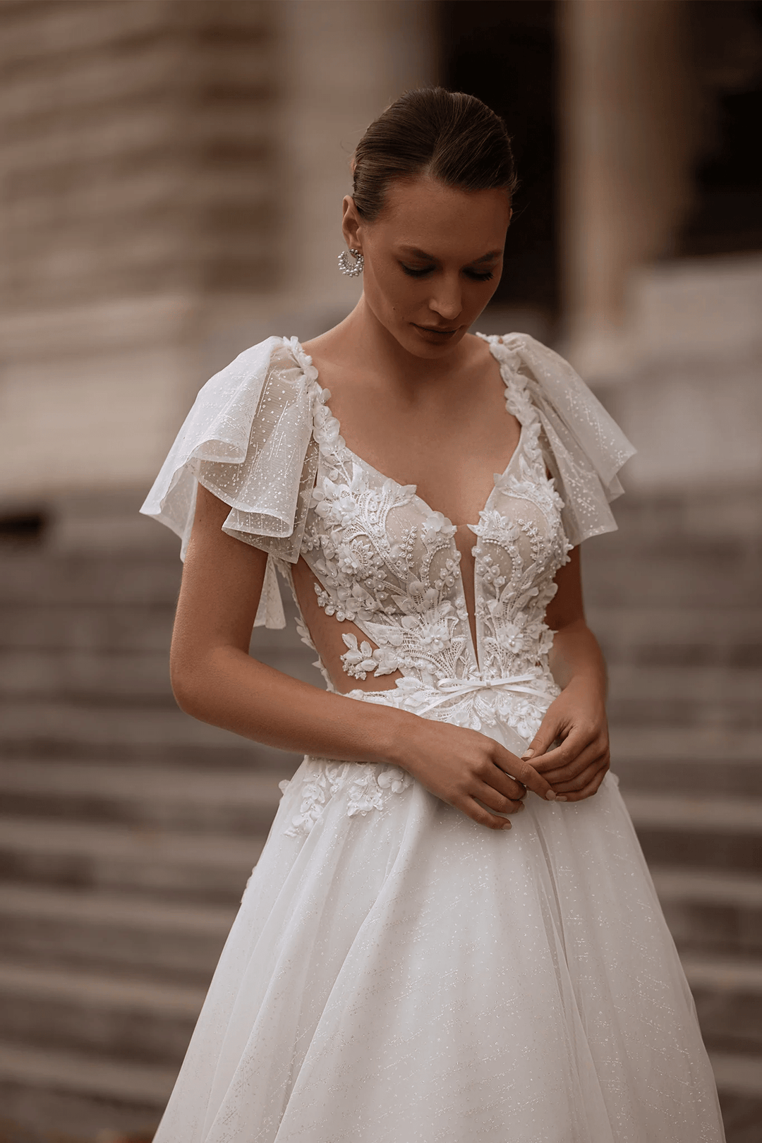 Floral Wedding Dress with Leaf Straps – Chiffon Bridal Gown with Pearl Details and Jewel Embellishments Plus Size - WonderlandByLilian
