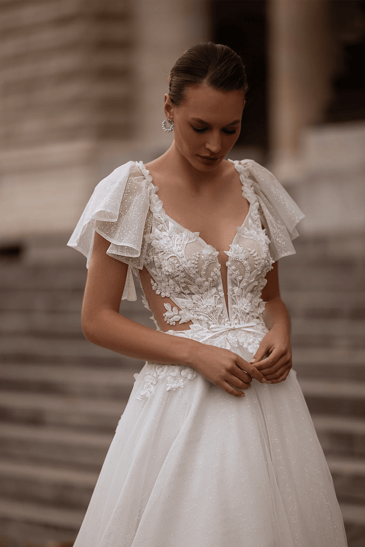 Floral Wedding Dress with Leaf Straps – Chiffon Bridal Gown with Pearl Details and Jewel Embellishments Plus Size - WonderlandByLilian