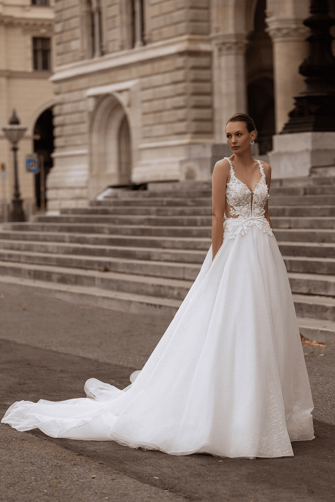 Floral Wedding Dress with Leaf Straps – Chiffon Bridal Gown with Pearl Details and Jewel Embellishments Plus Size - WonderlandByLilian