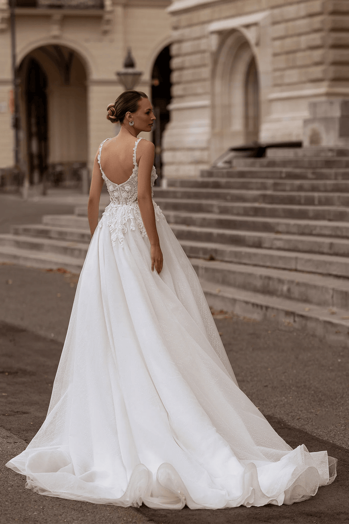 Floral Wedding Dress with Leaf Straps – Chiffon Bridal Gown with Pearl Details and Jewel Embellishments Plus Size - WonderlandByLilian
