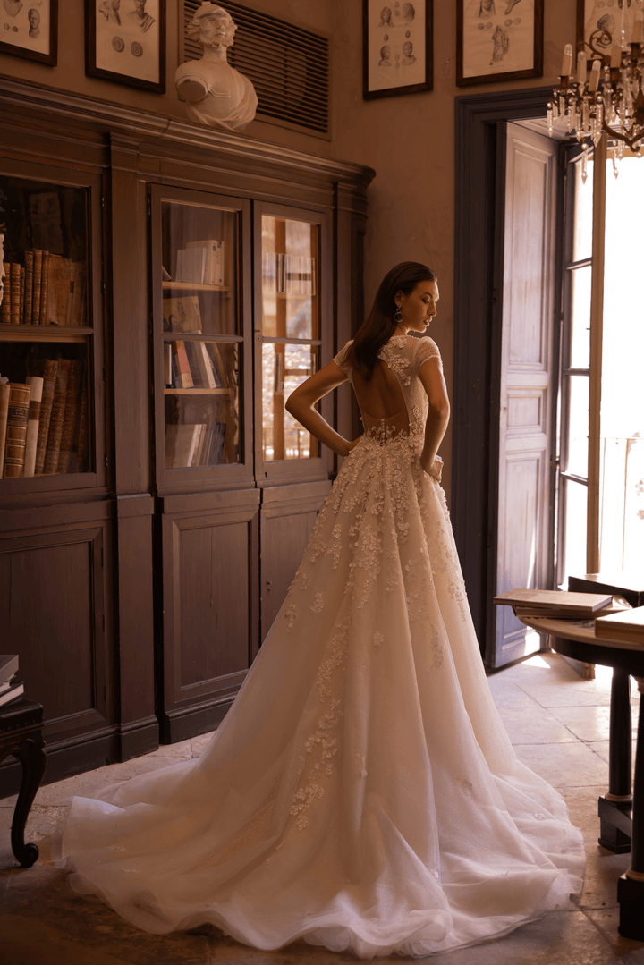 Floral Wedding Dress with V-Neck - Elegant Wedding Dress with Lace Detail and Extended Train Plus Size - WonderlandByLilian