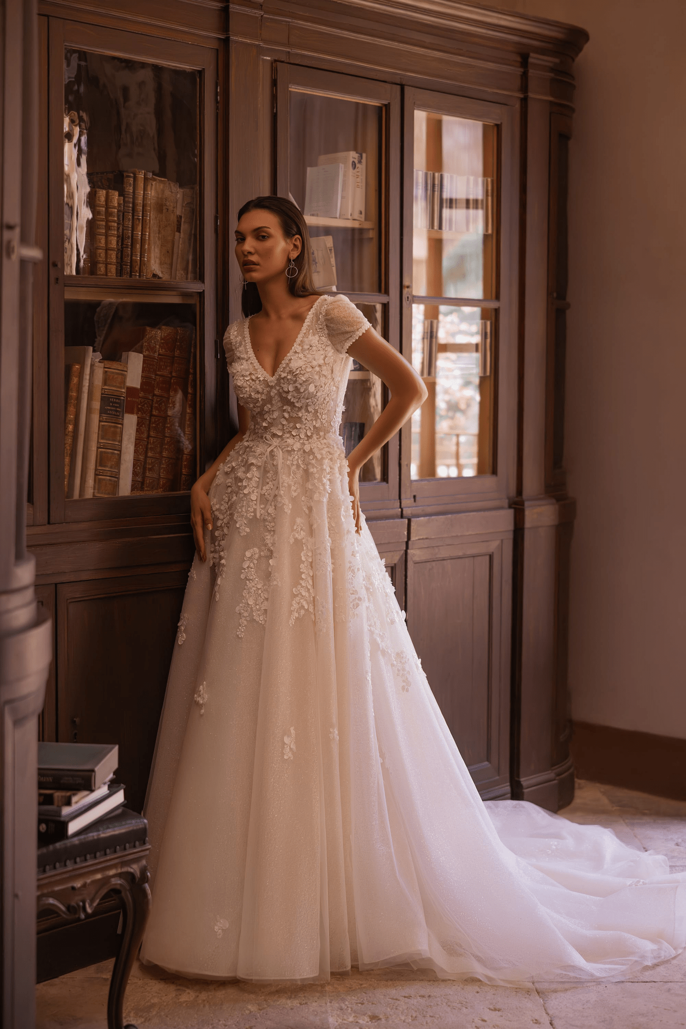 Floral Wedding Dress with V-Neck - Elegant Wedding Dress with Lace Detail and Extended Train Plus Size - WonderlandByLilian