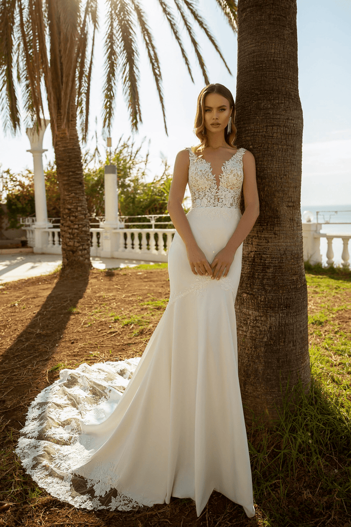 Floral Wedding Dress - Sleeveless Wedding Dress - Fitted Lace Wedding Dress - V - Neck Wedding Dress with Train Plus Size - WonderlandByLilian
