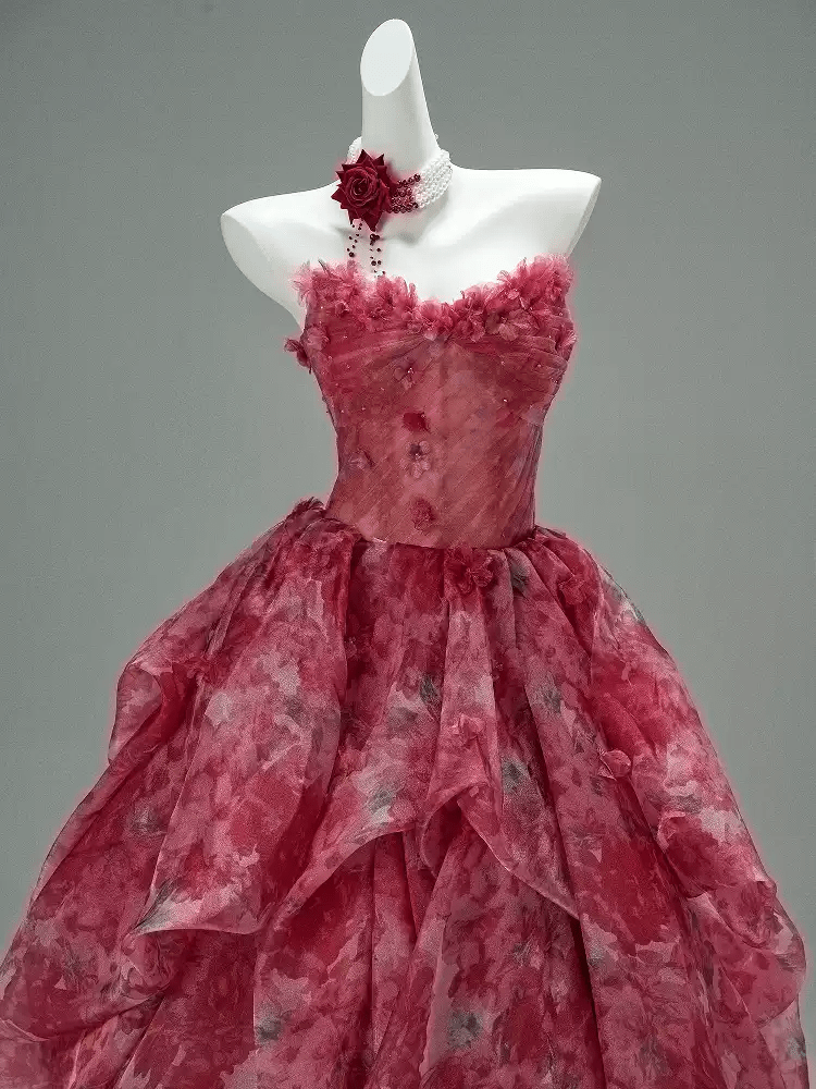 Flower Ball Gown Red Prom Dress – Strapless Evening Dress with Draped Floral Tulle Skirt Plus Size - WonderlandByLilian