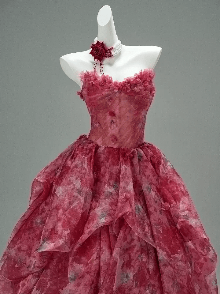 Flower Ball Gown Red Prom Dress – Strapless Evening Dress with Draped Floral Tulle Skirt Plus Size - WonderlandByLilian