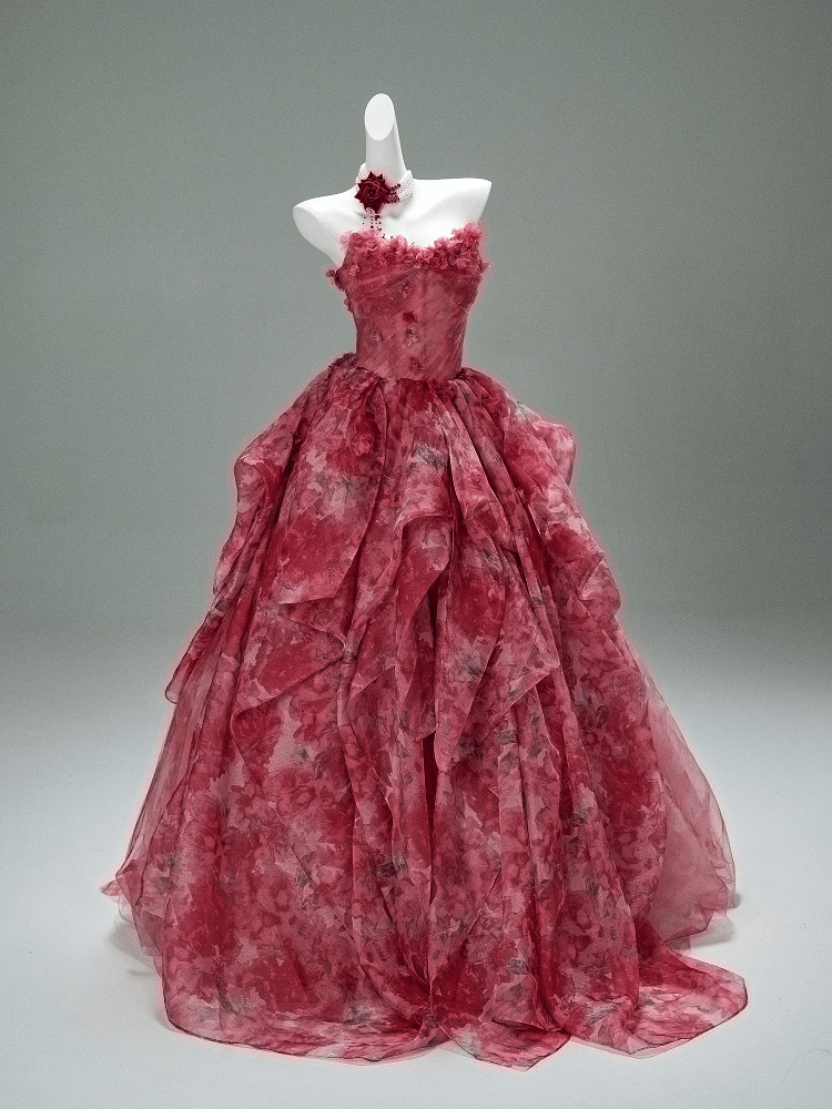 Flower Ball Gown Red Prom Dress – Strapless Evening Dress with Draped Floral Tulle Skirt Plus Size - WonderlandByLilian