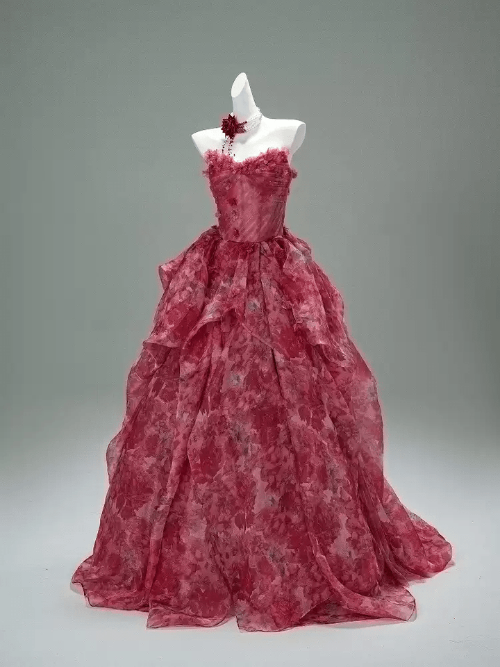 Flower Ball Gown Red Prom Dress – Strapless Evening Dress with Draped Floral Tulle Skirt Plus Size - WonderlandByLilian