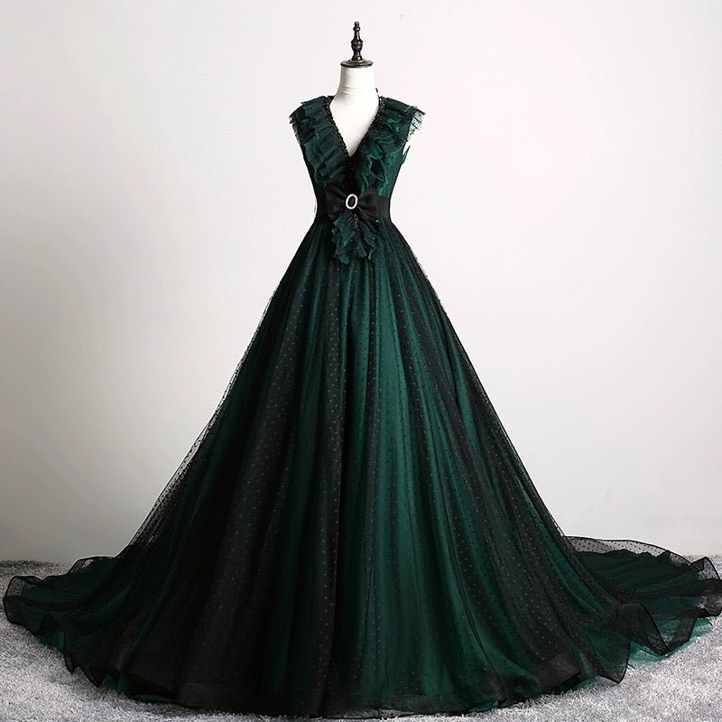 Gothic Forest Green Ball Gown with Textured Ruffle Accents - Green Evening Dress with Bow Tie Belt Plus Size Size 2 / Teal Green Gothic Forest Green Ball Gown with Textured Ruffle Accents - Green Evening Dress with Bow Tie Belt Plus Size Size 2 / Teal Green
