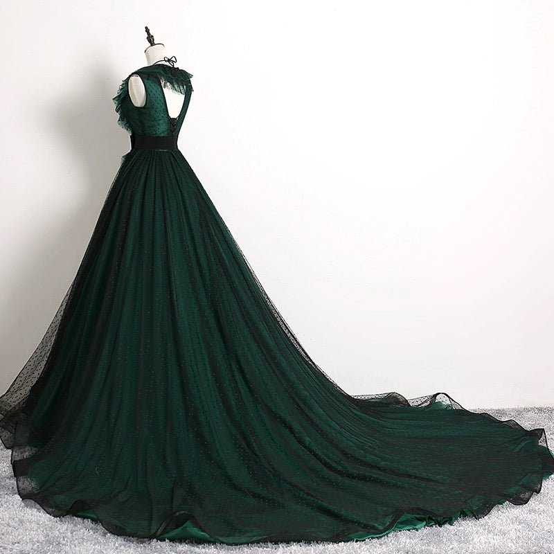 Gothic Forest Green Ball Gown with Textured Ruffle Accents - Green Evening Dress with Bow Tie Belt Plus Size Size 2 / Teal Green Gothic Forest Green Ball Gown with Textured Ruffle Accents - Green Evening Dress with Bow Tie Belt Plus Size Size 2 / Teal Green