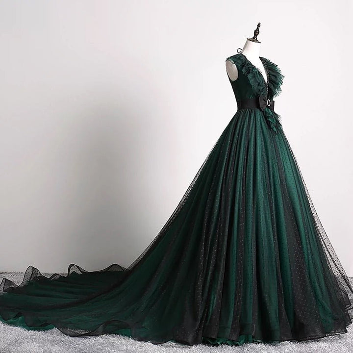 Forest Green Ball Gown with Textured Ruffle Accents - Green Evening Dress with Bow Tie Belt Plus Size - WonderlandByLilian