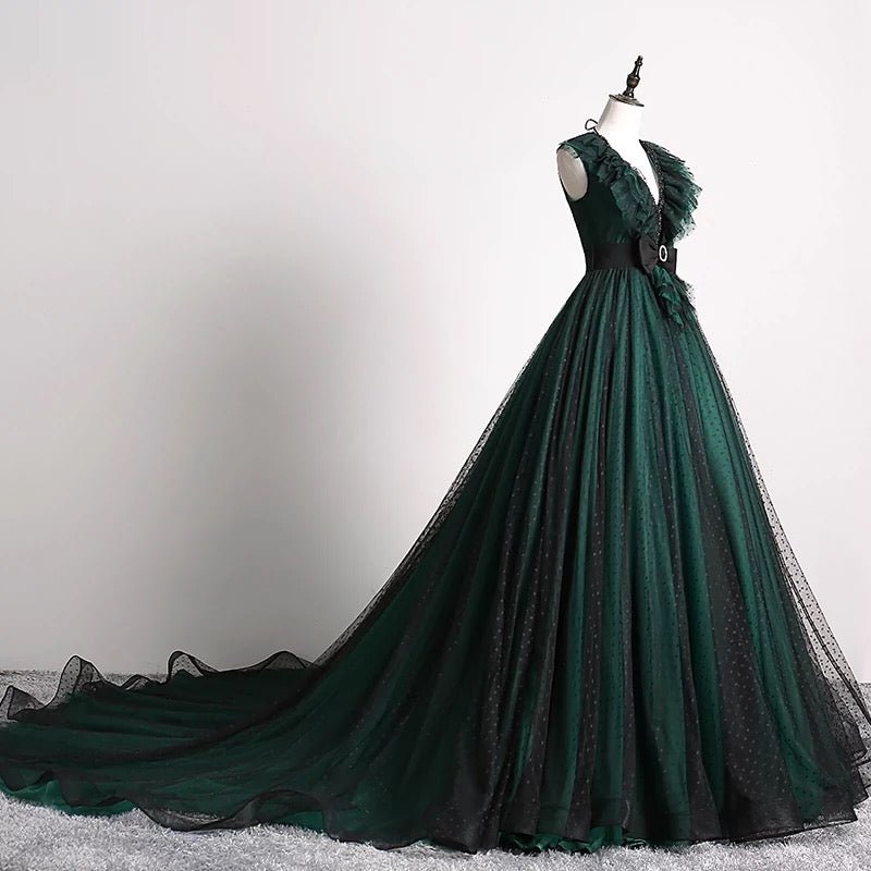 Gothic Forest Green Ball Gown with Textured Ruffle Accents - Green Evening Dress with Bow Tie Belt Plus Size Size 2 / Teal Green Gothic Forest Green Ball Gown with Textured Ruffle Accents - Green Evening Dress with Bow Tie Belt Plus Size Size 2 / Teal Green