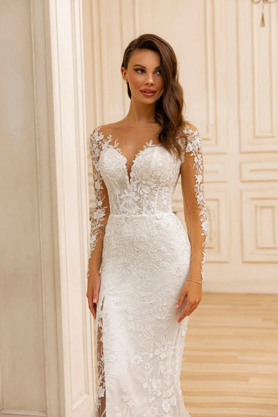 Form-Fitting Lace Appliqué Bridal Gown with Long Sleeves and High Slit - WonderlandByLilian