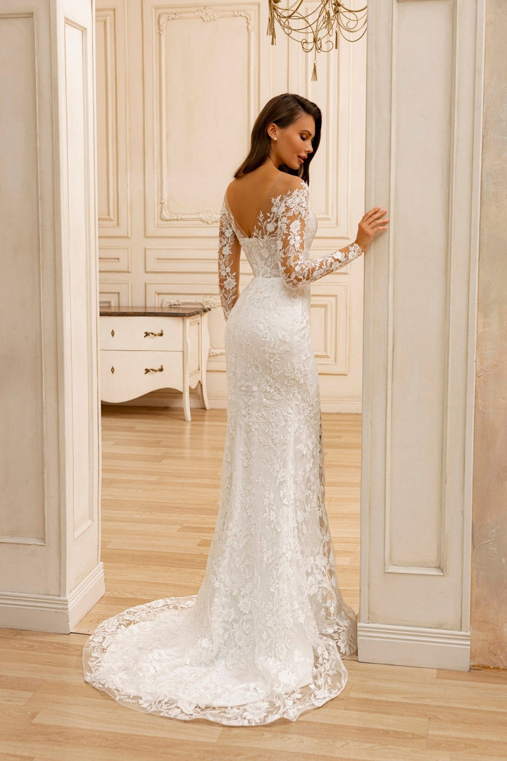 Form-Fitting Lace Appliqué Bridal Gown with Long Sleeves and High Slit - WonderlandByLilian