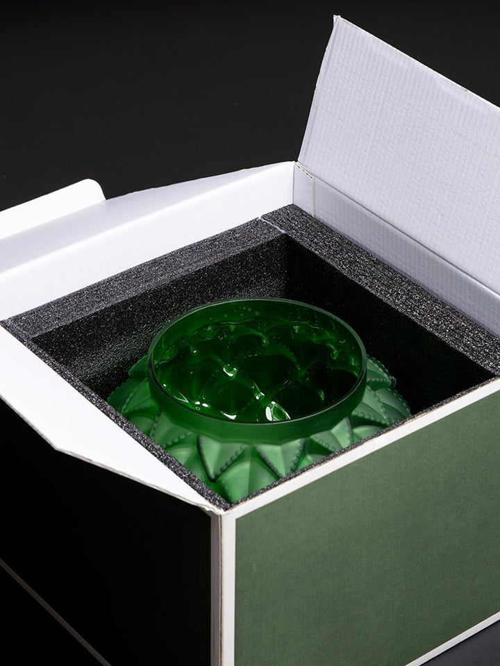 French Imported Art Deco Handmade Emerald Green Frosted Crystal Vase with Carved Art Glass Design - WonderlandByLilian