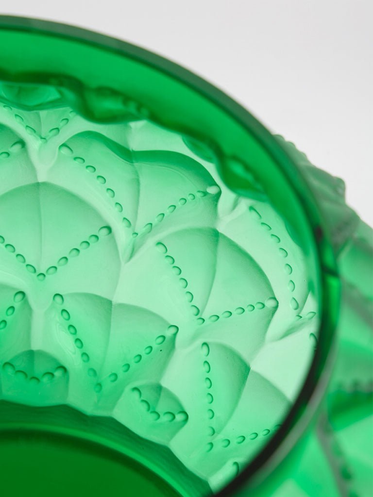 French Imported Art Deco Handmade Emerald Green Frosted Crystal Vase with Carved Art Glass Design - WonderlandByLilian