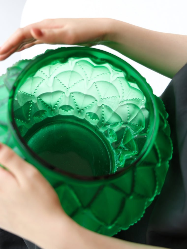 French Imported Art Deco Handmade Emerald Green Frosted Crystal Vase with Carved Art Glass Design - WonderlandByLilian