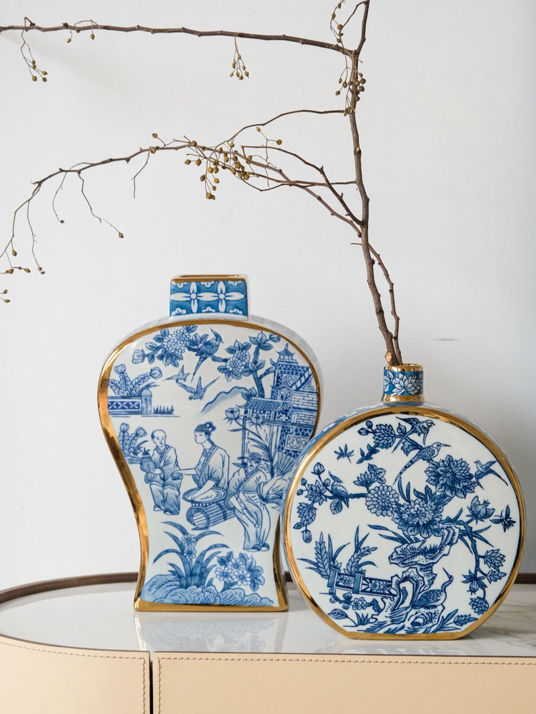 French Imported Oriental Hand - Painted Blue and White Porcelain Vases with Gilded Accents - WonderlandByLilian