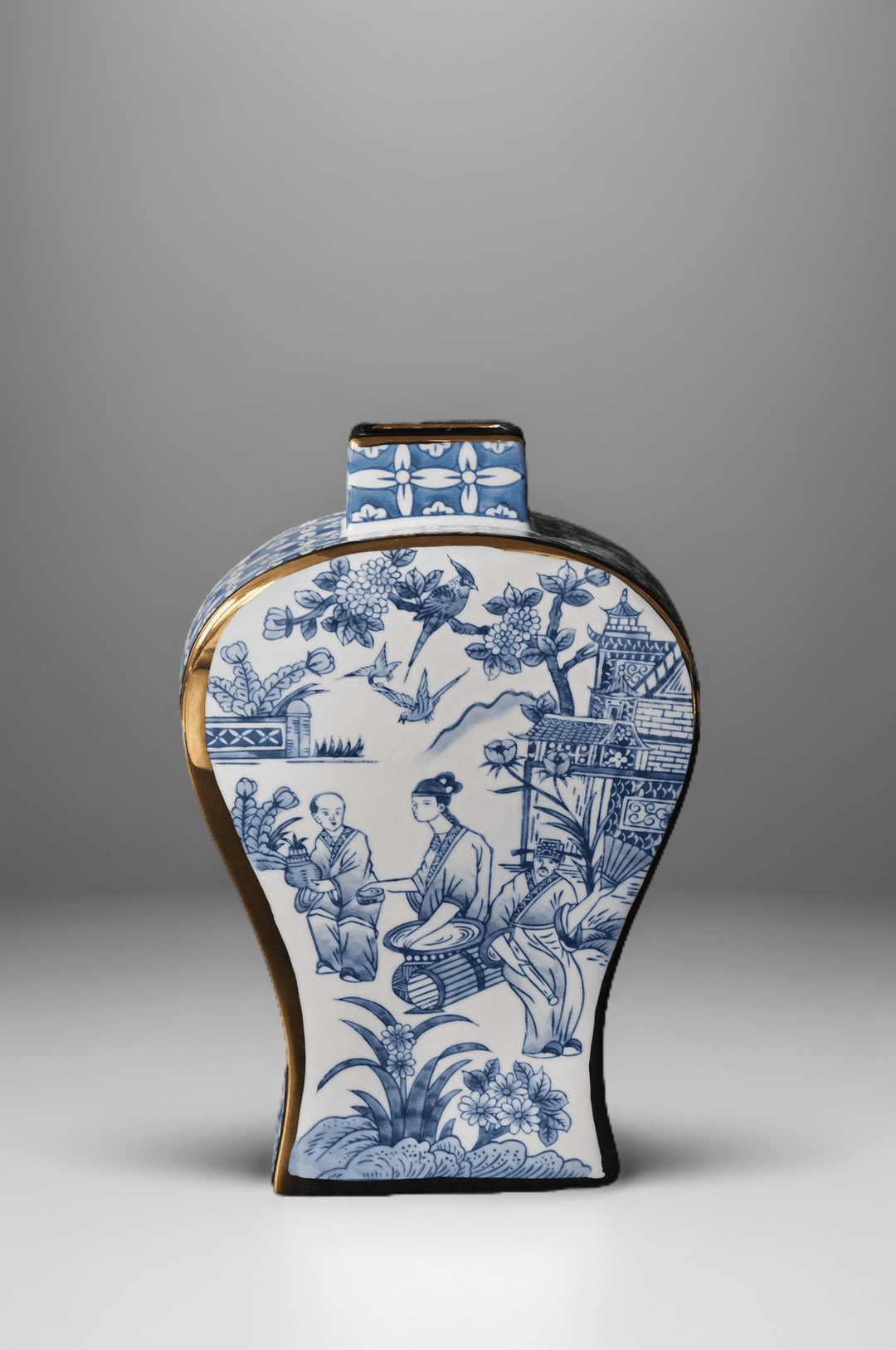 French Imported Oriental Hand - Painted Blue and White Porcelain Vases with Gilded Accents - WonderlandByLilian