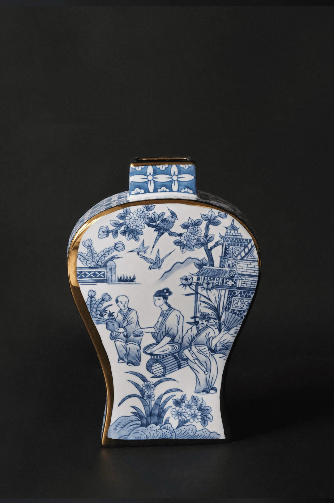 French Imported Oriental Hand - Painted Blue and White Porcelain Vases with Gilded Accents - WonderlandByLilian