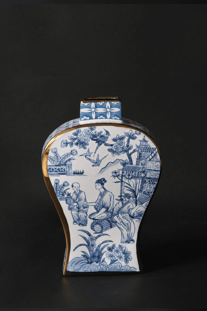 French Imported Oriental Hand - Painted Blue and White Porcelain Vases with Gilded Accents - WonderlandByLilian