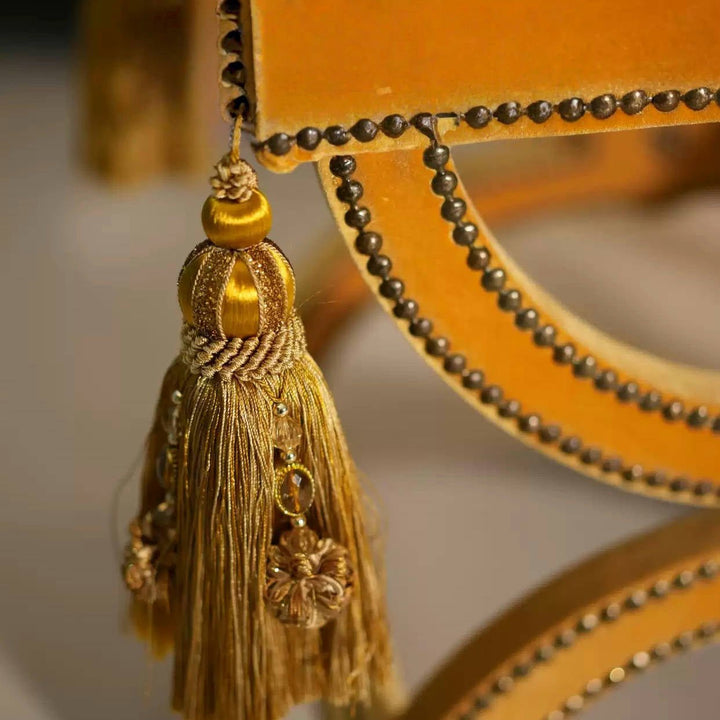 French Vintage Tassel Bench – Handmade Velvet Upholstered Stool with Carved Wood Frame - WonderlandByLilian