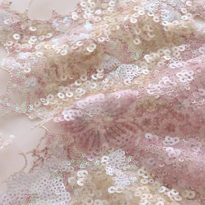 Full - Width Sequin Embroidered Mesh Fabric with Ruffled Pink Sequins for Qipao, Dresses, and Custom Apparel - WonderlandByLilian