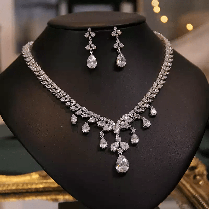 Garden of Light – Cascading Crystal Bridal Necklace & Earrings Set - WonderlandByLilian
