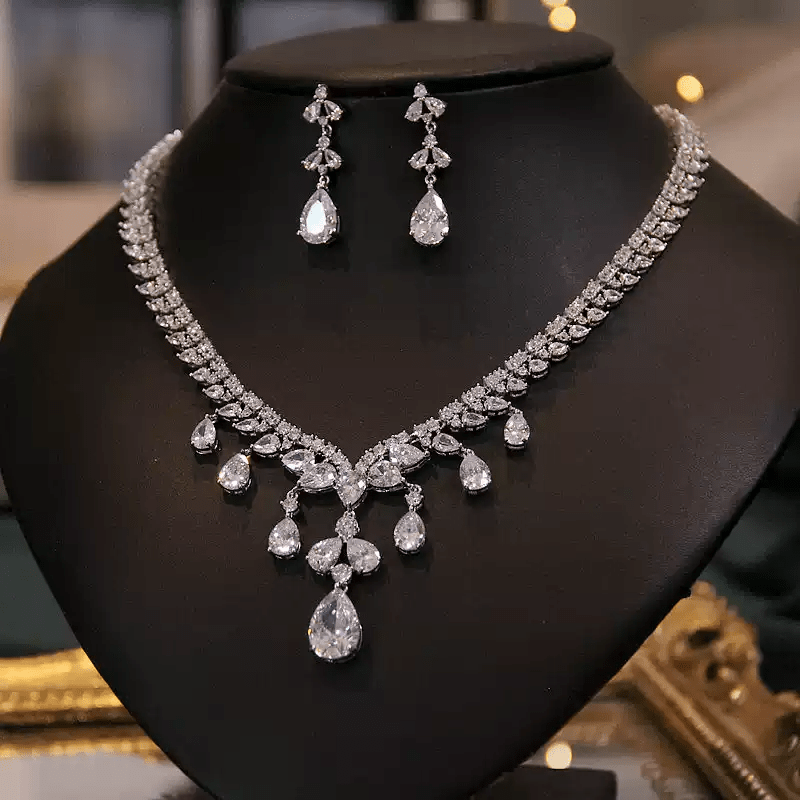 Garden of Light – Cascading Crystal Bridal Necklace & Earrings Set - WonderlandByLilian
