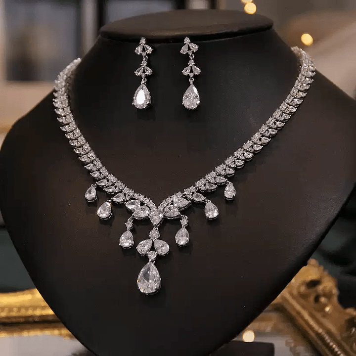 Garden of Light – Cascading Crystal Bridal Necklace & Earrings Set - WonderlandByLilian