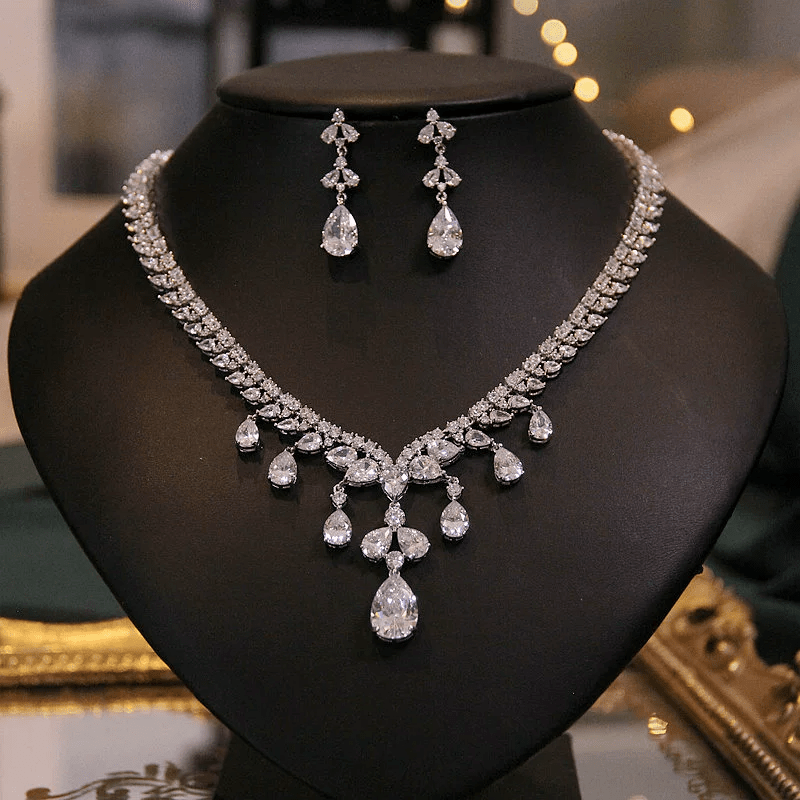 Garden of Light – Cascading Crystal Bridal Necklace & Earrings Set - WonderlandByLilian