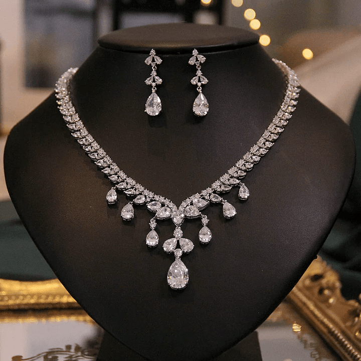 Garden of Light – Cascading Crystal Bridal Necklace & Earrings Set - WonderlandByLilian
