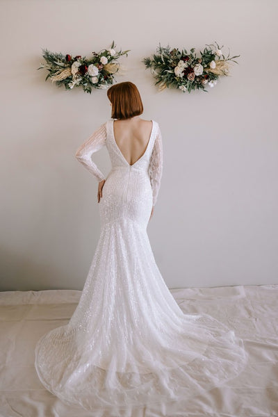 Glamorous Sequin Wedding Dress with Plunge V-Neckline and Long Sleeves Plus Size - INDIGO - WonderlandByLilian