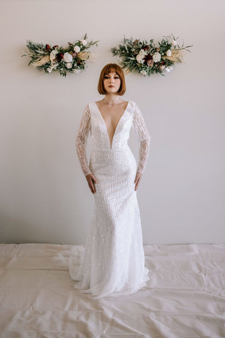 Glamorous Sequin Wedding Dress with Plunge V-Neckline and Long Sleeves Plus Size - INDIGO - WonderlandByLilian