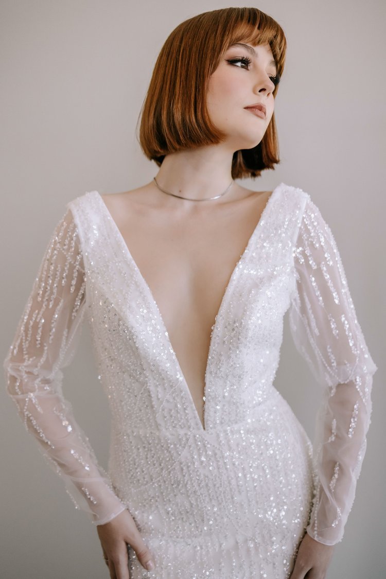 Glamorous Sequin Wedding Dress with Plunge V-Neckline and Long Sleeves Plus Size - INDIGO - WonderlandByLilian