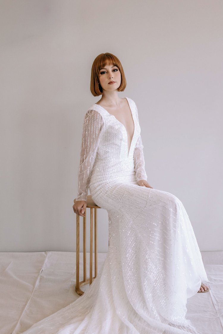 Glamorous Sequin Wedding Dress with Plunge V-Neckline and Long Sleeves Plus Size - INDIGO - WonderlandByLilian
