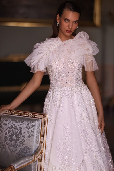 Glitter Princess Wedding Dress with Attachable Embellished Shoulders and Tulle Ruffles Plus Size - WonderlandByLilian