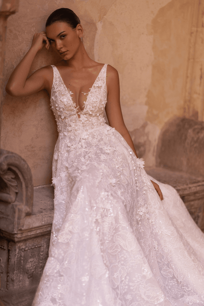 Glitter Tulle Wedding Dress with Floral Lace - Romantic Lace Low Back Wedding Dress Plus Size - WonderlandByLilian