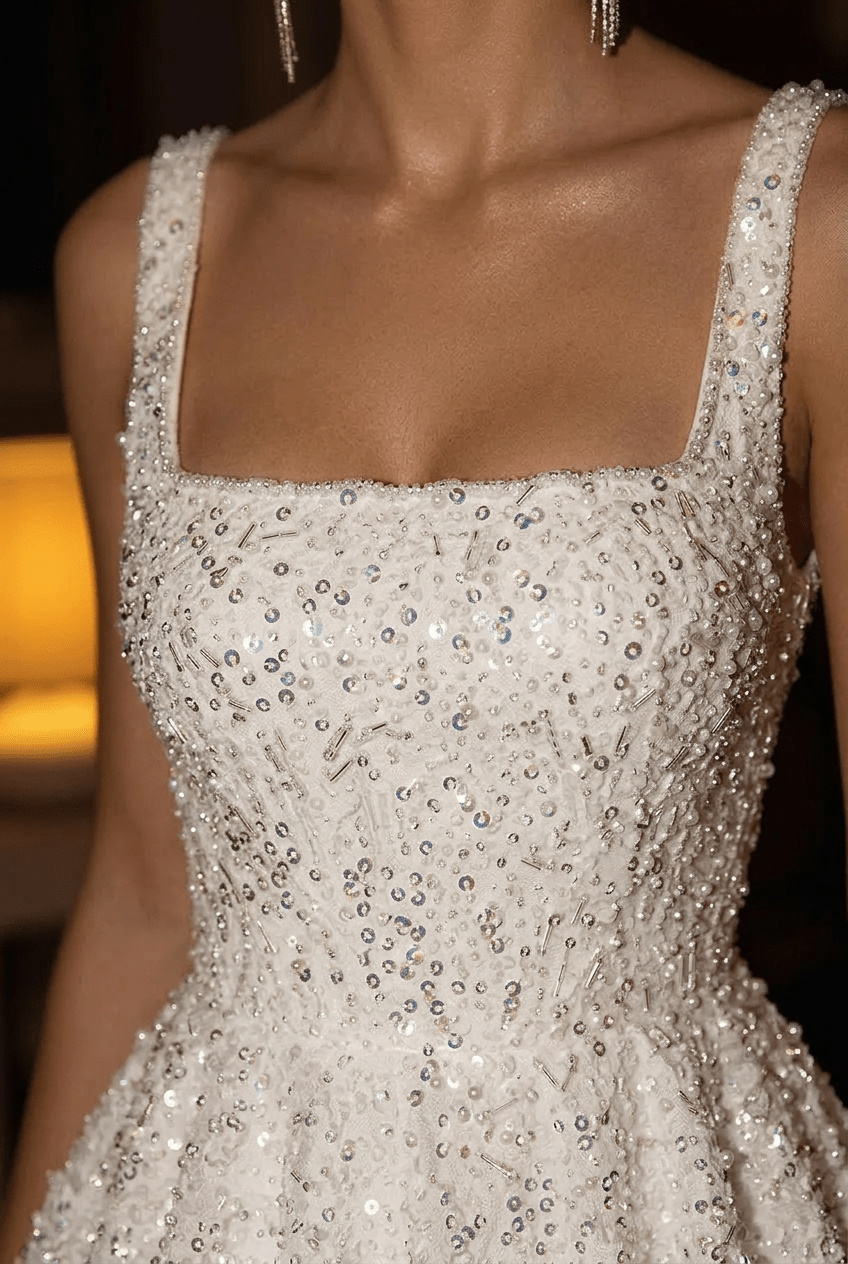 Glittered Short Bridal Wedding Dress with Sleeveless Design and Square Neckline – Sequin Wedding Dress Beaded Plus Size - WonderlandByLilian